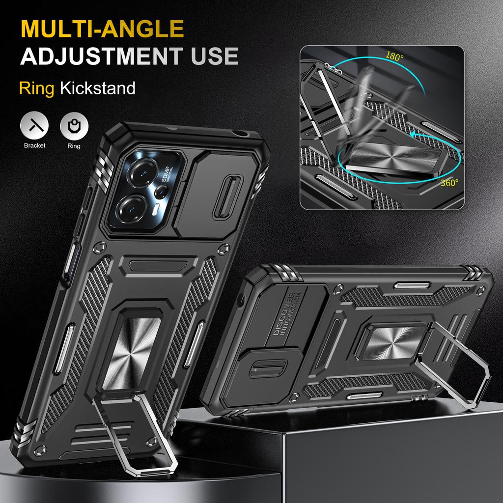 For Motorola Moto G23 4G/G13 4G Armor Series Metal Kickstand Cover Slide Lens Lid PC+TPU Phone Case