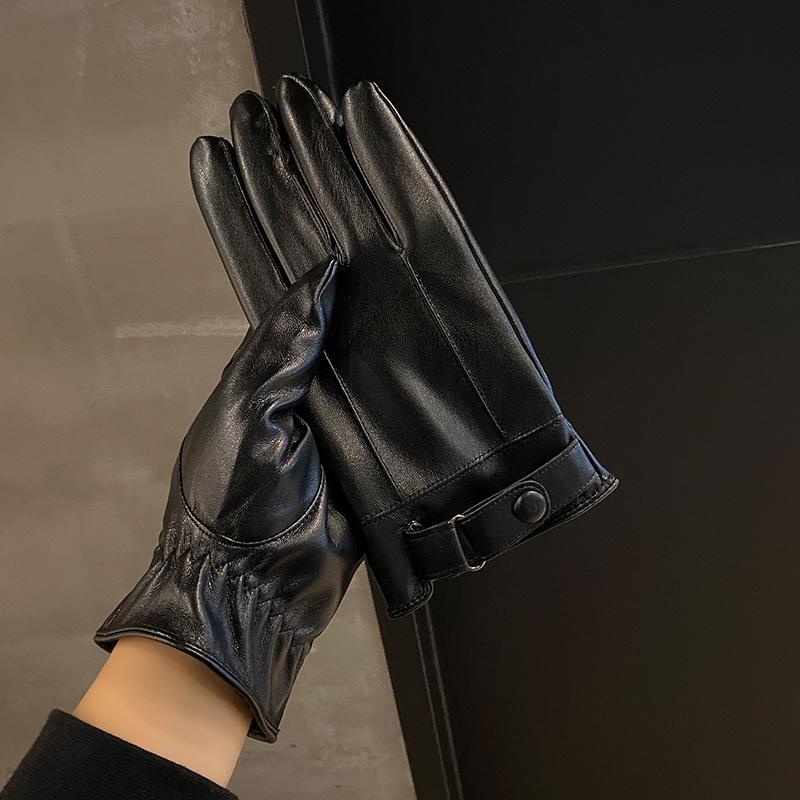 Leather Gloves Men's Riding and Driving Velvet Thickening Warm Waterproof Windproof Thin Winter Motorcycle Gloves Touch Screen