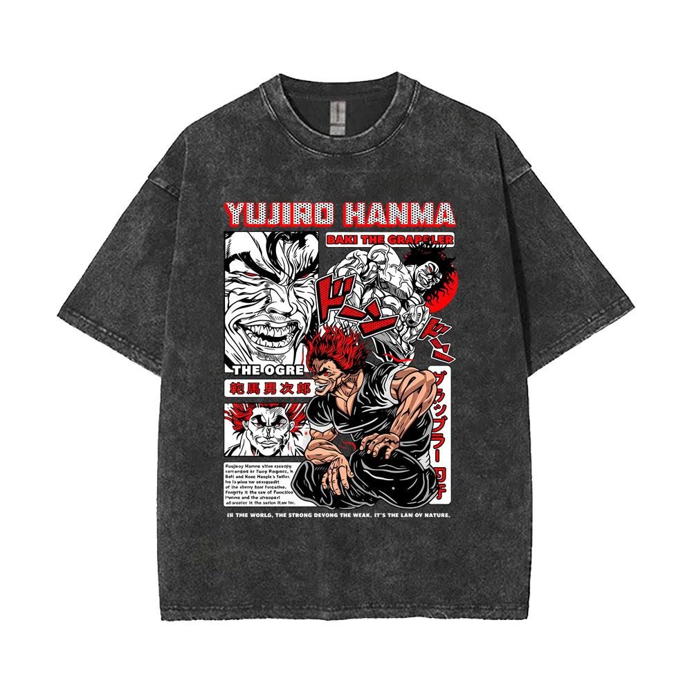 Anime Baki Hanma Vintage Washed T-shirt Men Women Retro Manga Harajuku T-shirts Men's Casual Oversized T Shirts Male Streetwear