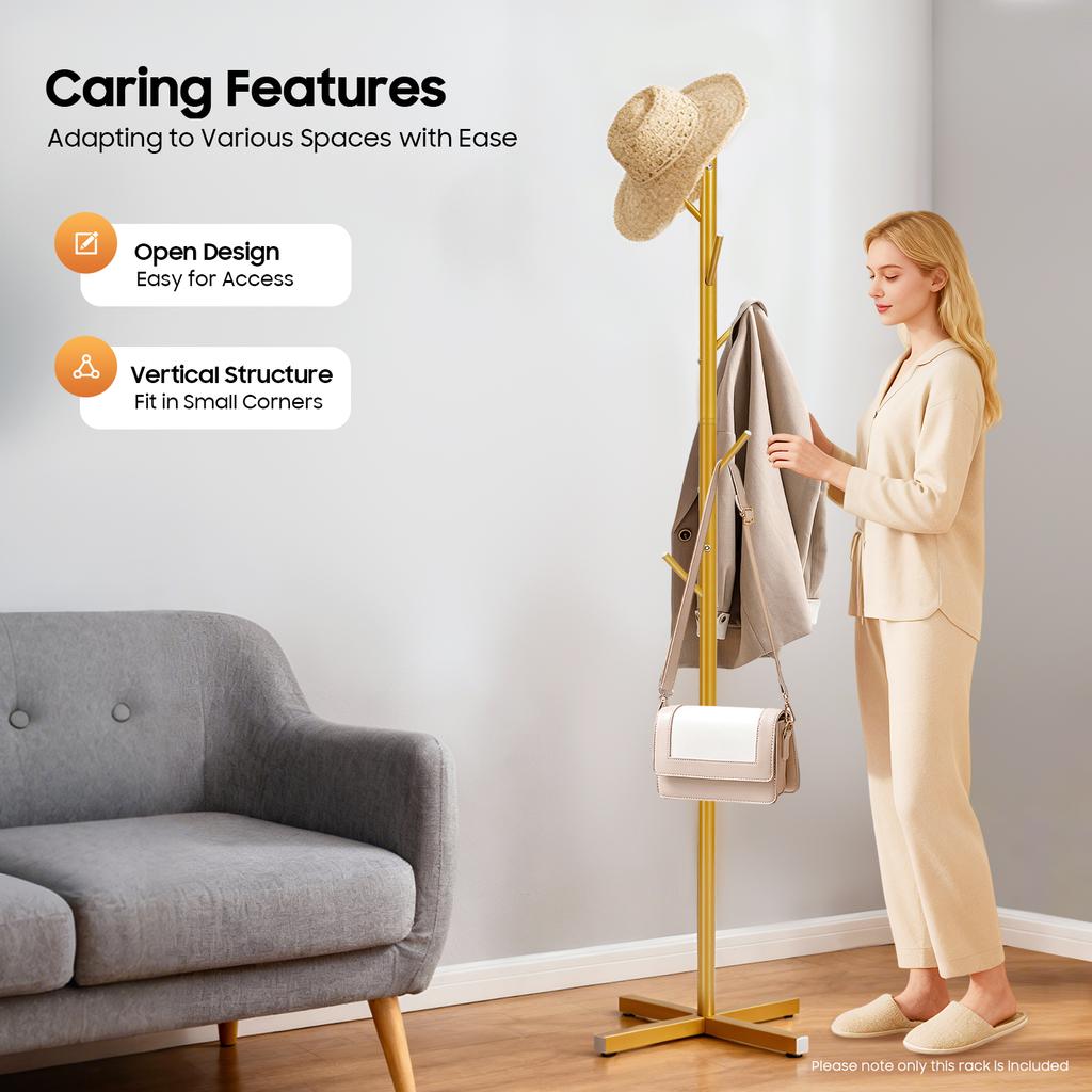 Golden Tree Coat Rack Stand, 7-Hook Iron Hallway Organizer for Hats Bags, Modern Free Standing Clothes Hat Stand