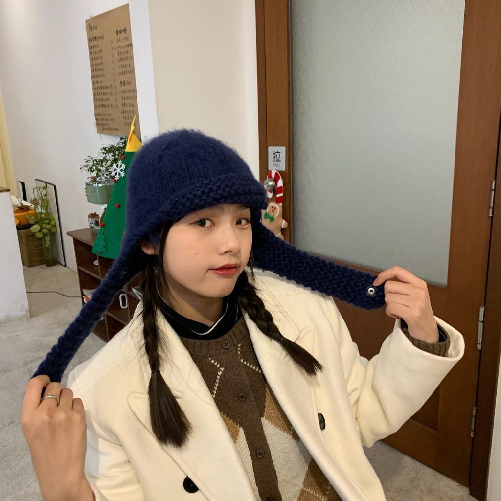 Korean Version of Knitted Flying Hat for Women Showing Their Faces Small Warm Ear Protection Wool Hats  Autumn and Winter Lei Feng Hat Trend