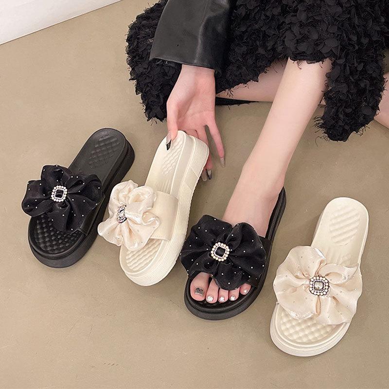 High-end Bow Cool Slippers Women Wear Summer Internet Celebrity Fashion Muffin Heel Thick-soled Heightening Non-slip Beach Shoes