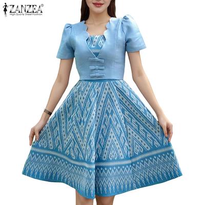 Women Square Neck Summer Casual Short Sleeve Print Dress