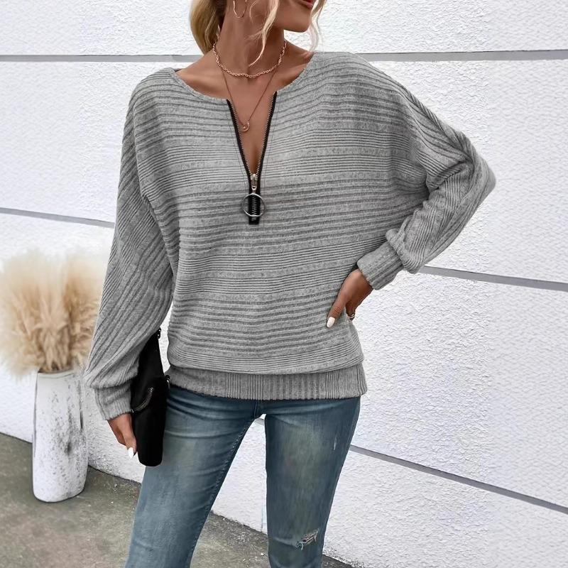 2025 Neu Herbst und Winter Damen Casual Einfarbig Langärmlig Reißverschluss Pullover Top T-Shirt für Damen