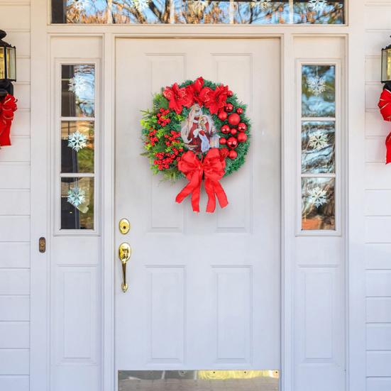 Christmas Wreath Front Door Xmas Garland with Bow Ribbon Berry Flower Decor Indoor Outdoor Winter Decoration