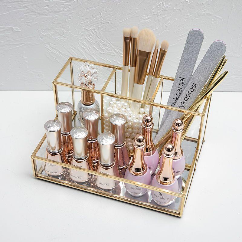 Clear Glass Makeup Organizer Cosmetic Organizer with Golden Covered Edge Jewelry Makeup Container Case Lipstick Organizer