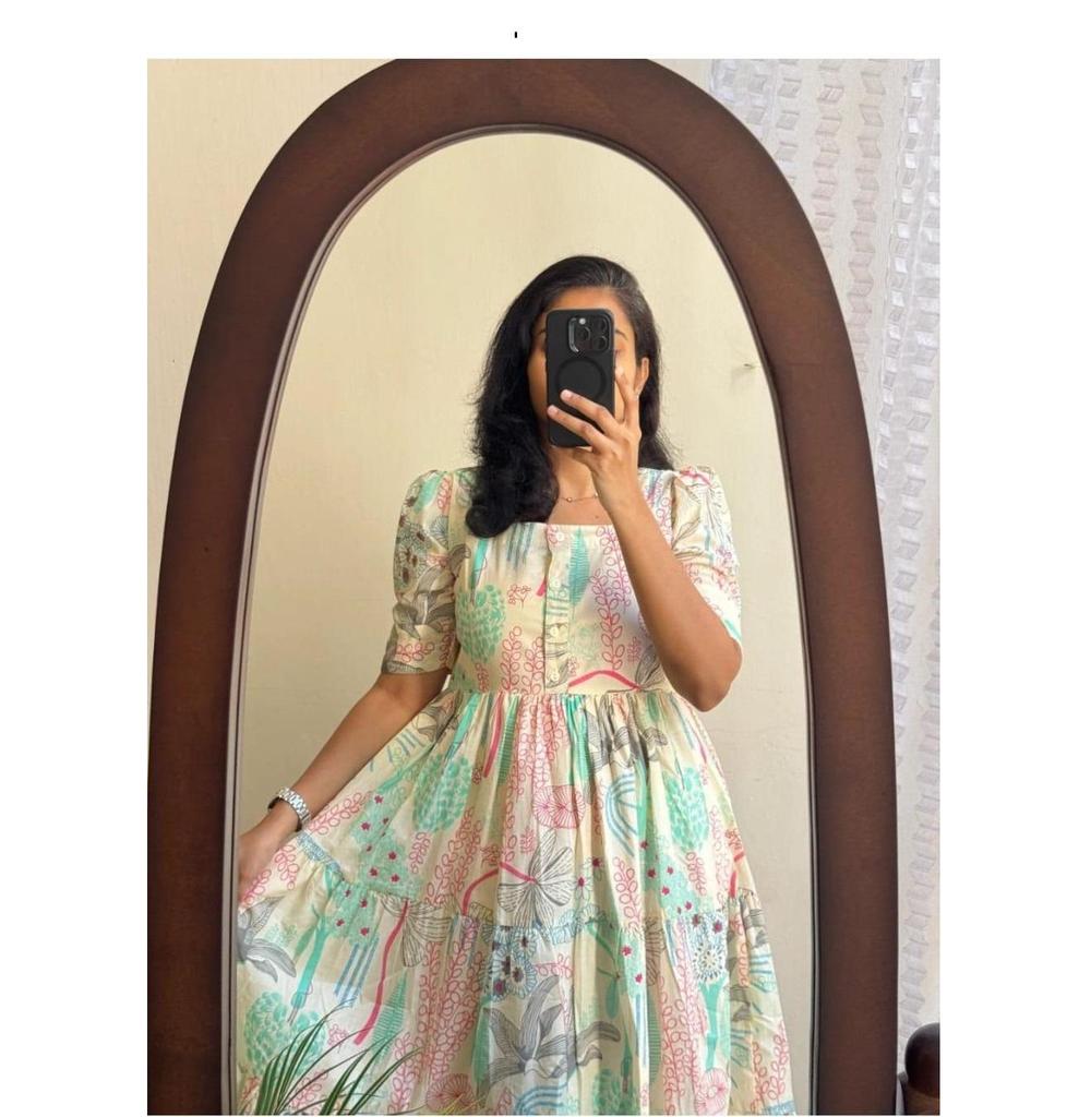 Women Designer Printed Cotton Midi Gown Kurta Party Wear Top Tunic Kurti Dress