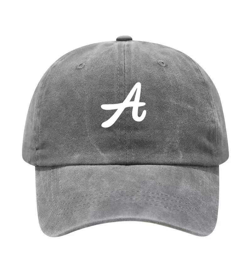 Letter A Printed Washed Cotton Adjustable Baseball Cap Classic Snapback Dad Hat Breathable Golf Fishing Outdoor Sun Cap