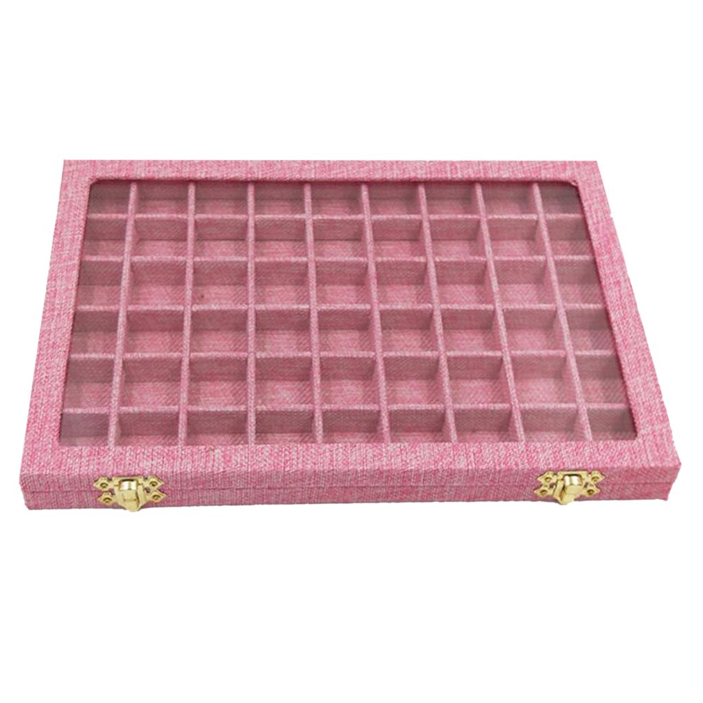 54 Grids Clear Lid Jewelry Tray Showcase Display Storage Linen Case Yellow