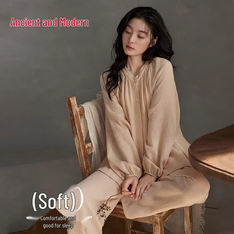 GUJIN Women s 100% Cotton Long Sleeve Seersucker Loungewear Pajama Set L