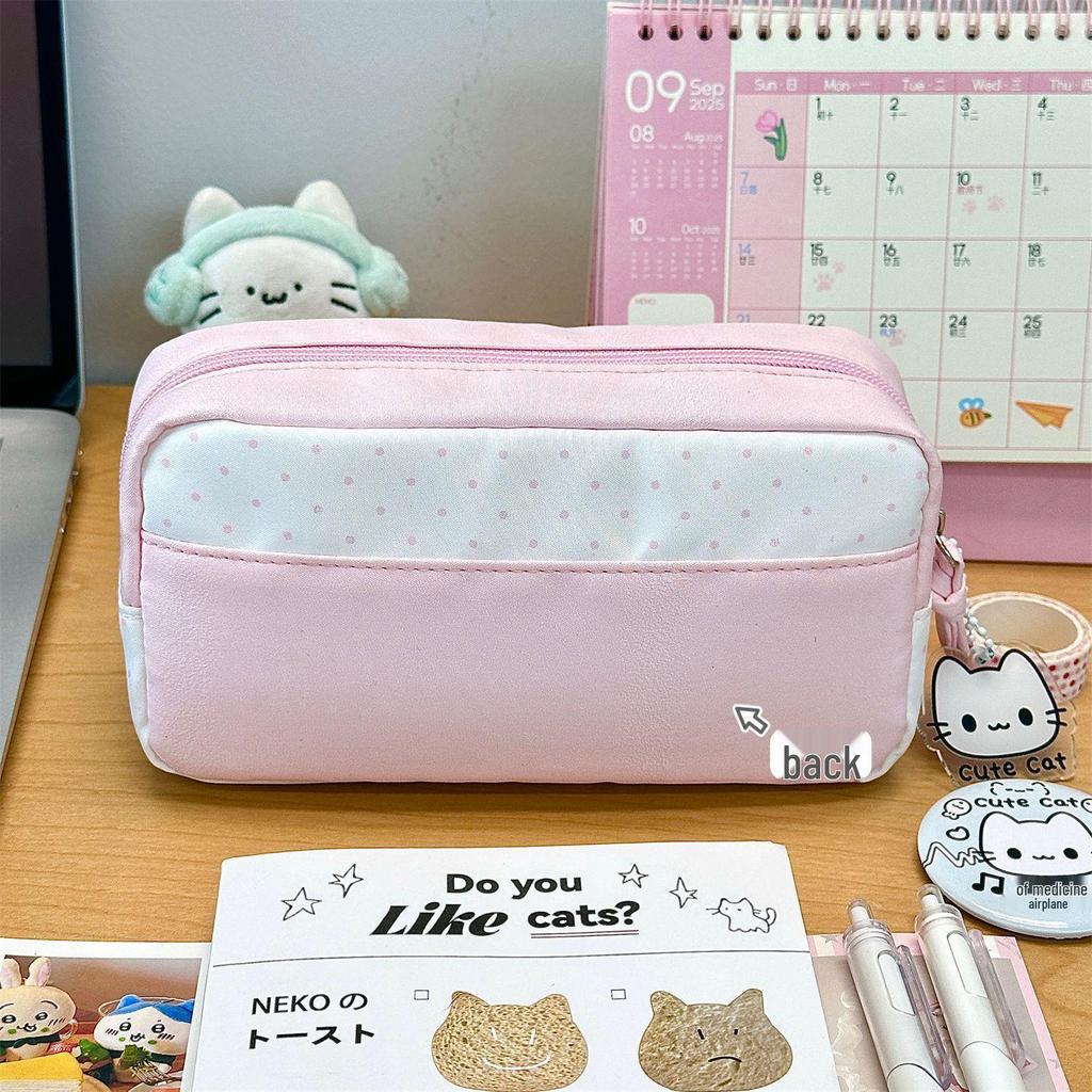 Pink & White Cartoon Kitten Pencil Case - Large Capacity for Girls, Trendy & Cute Stationery Bag for Students