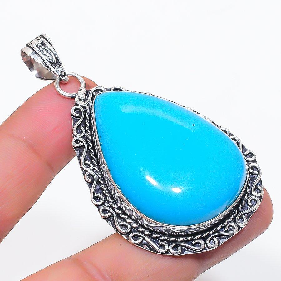 Natural Blue Chalcedony Gemstone 925 Sterling Silver Jewelry Pendant 2.56" m7T45