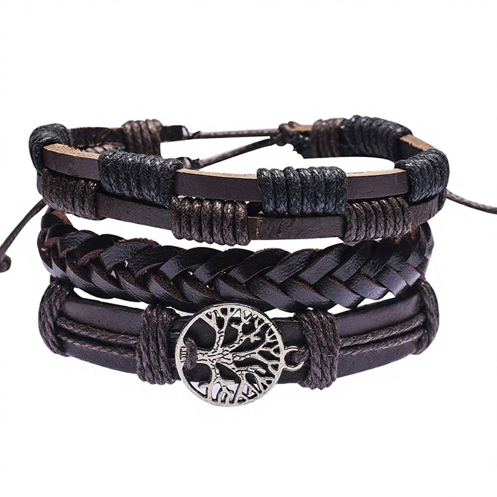 Cross-border E-commerce Exclusive Vintage Multi-layer Braided Strands Men's Cowhide Genuine Leather Alloy Tree Life Bracelet