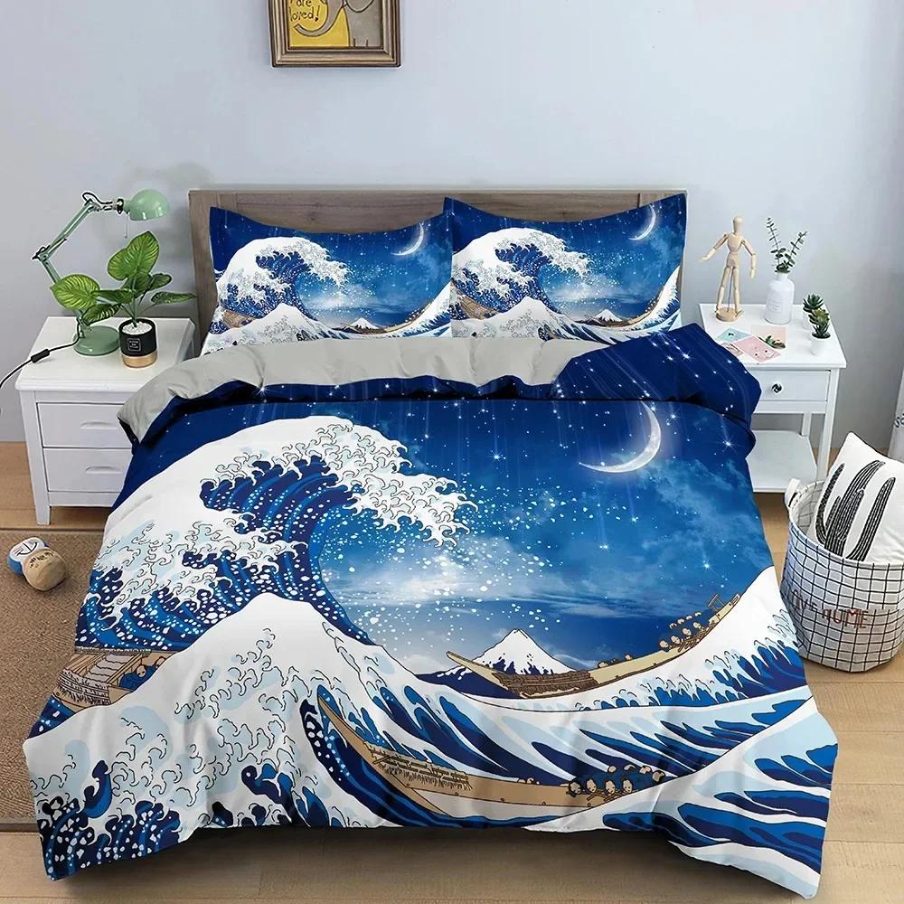 Big Wave Japanese Art Abstract Comfortable Duvet Quilt Cover Pillowcase Bedding Set Children Bedroom Decoration Home Textile