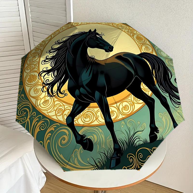 Black Horse Elegance: Luxury Umbrella with Intricate Floral Design   Auto Open/Close, Outdoor Protection, Travel Accessory, Lightweight & Durable 104