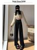 Women's Beige High-Waisted Wide-Leg Knitted Slim-Fit Trousers for Spring and Autumn, Fleece-Lined for Winter