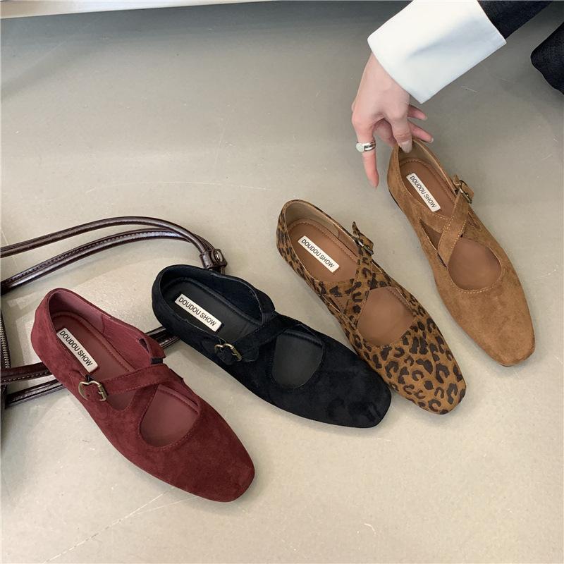 French Retro Cross-strapped Mary Jane Shoes Leopard Print Light Mouth Not Tired Feet Single Shoes Fairy Soft-soled Ballet Flats