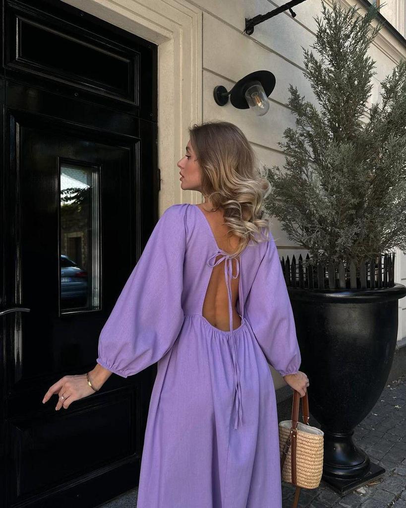2024 Autumn European & American Long Backless Lace-Up Casual Dress