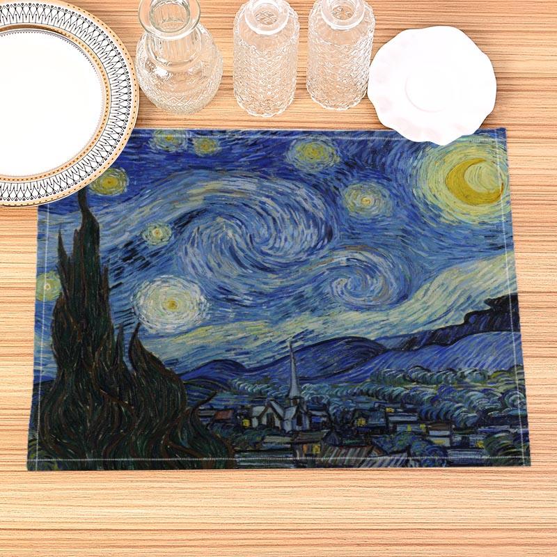 Van Gogh Painting Print Linen Dining Table Mats Kitchen Placemat 30X45cm Coasters Pads Bowl Cup Mat
