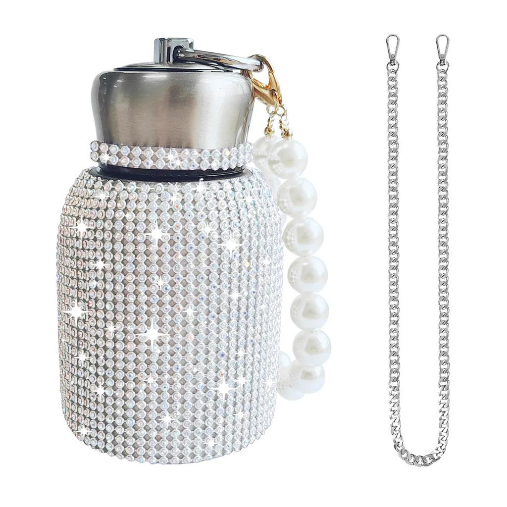 300ml Luxus Strass Edelstahl Isolierbecher Funkelnd Tragbar Perlenkette Wasserflasche Tragbar Reise Vakuumflaschen
