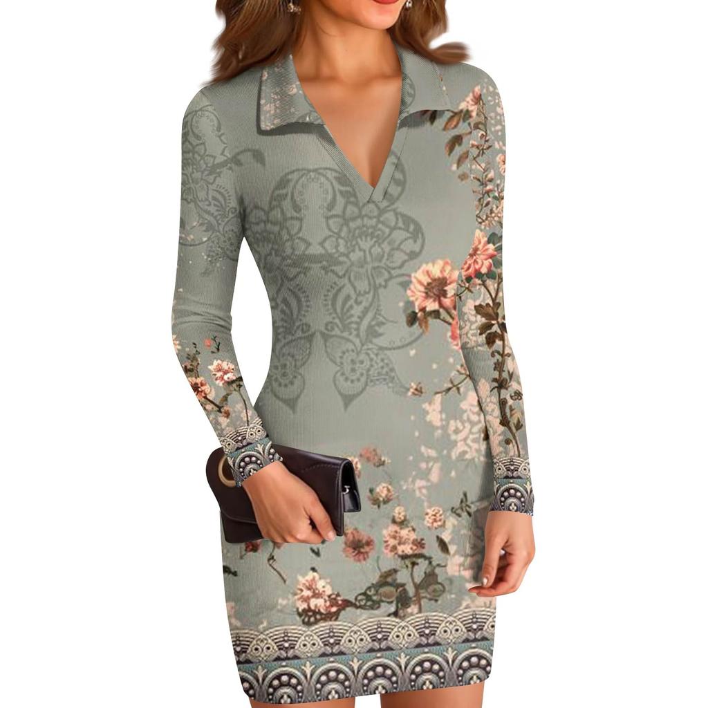 Kvinners V-hals Casual Trykk Langermet Figurnær Kjole
