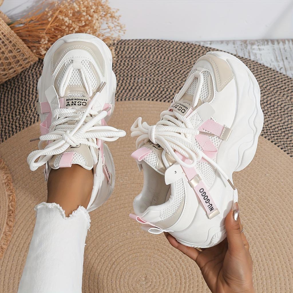 [Colorblock Mesh Women's Sneakers] Women's Colorblock Mesh Sneakers, Lace Up Soft Sole Platform Casual Heightening Shoes, Low-top Breathable