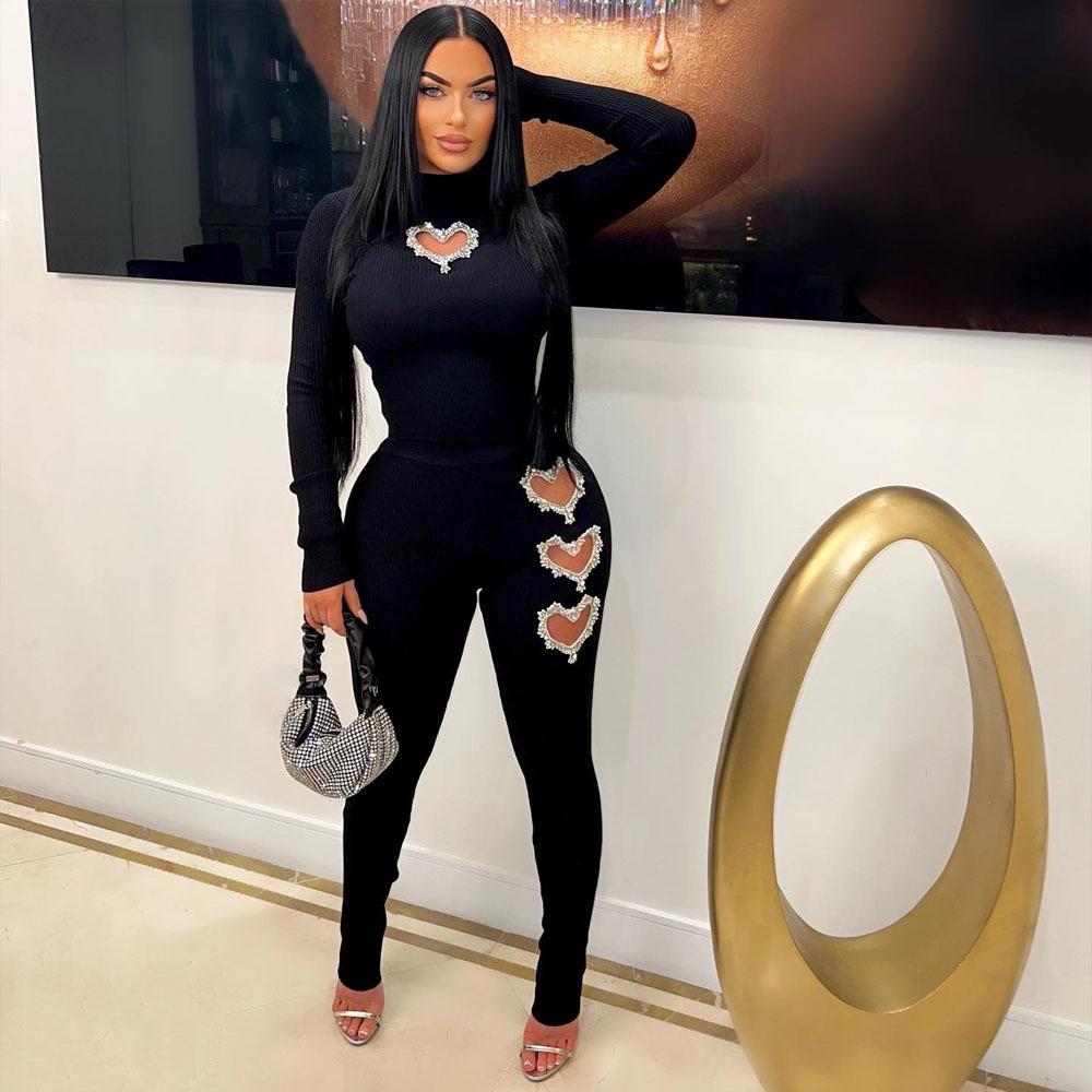 Two Piece Sets Wome Sexy Solid Pant Set Turtleneck Full Sleeve Slim Fit Tops Hollow Out High Waist Long Pants Sheath