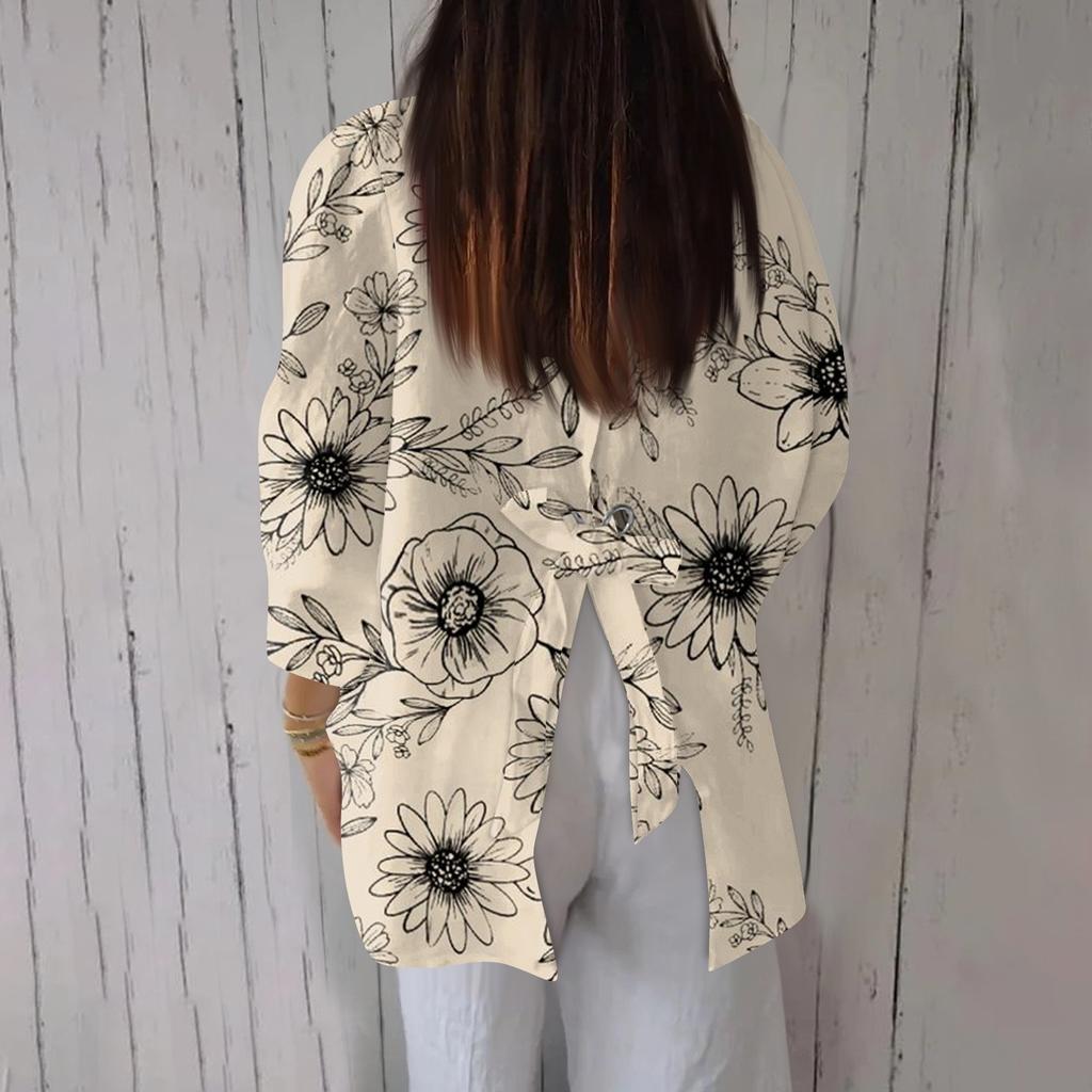 Women's Fashion Seven Sleeve Casual Lapel Back Tie Shirt Printed T-Shirt Top
