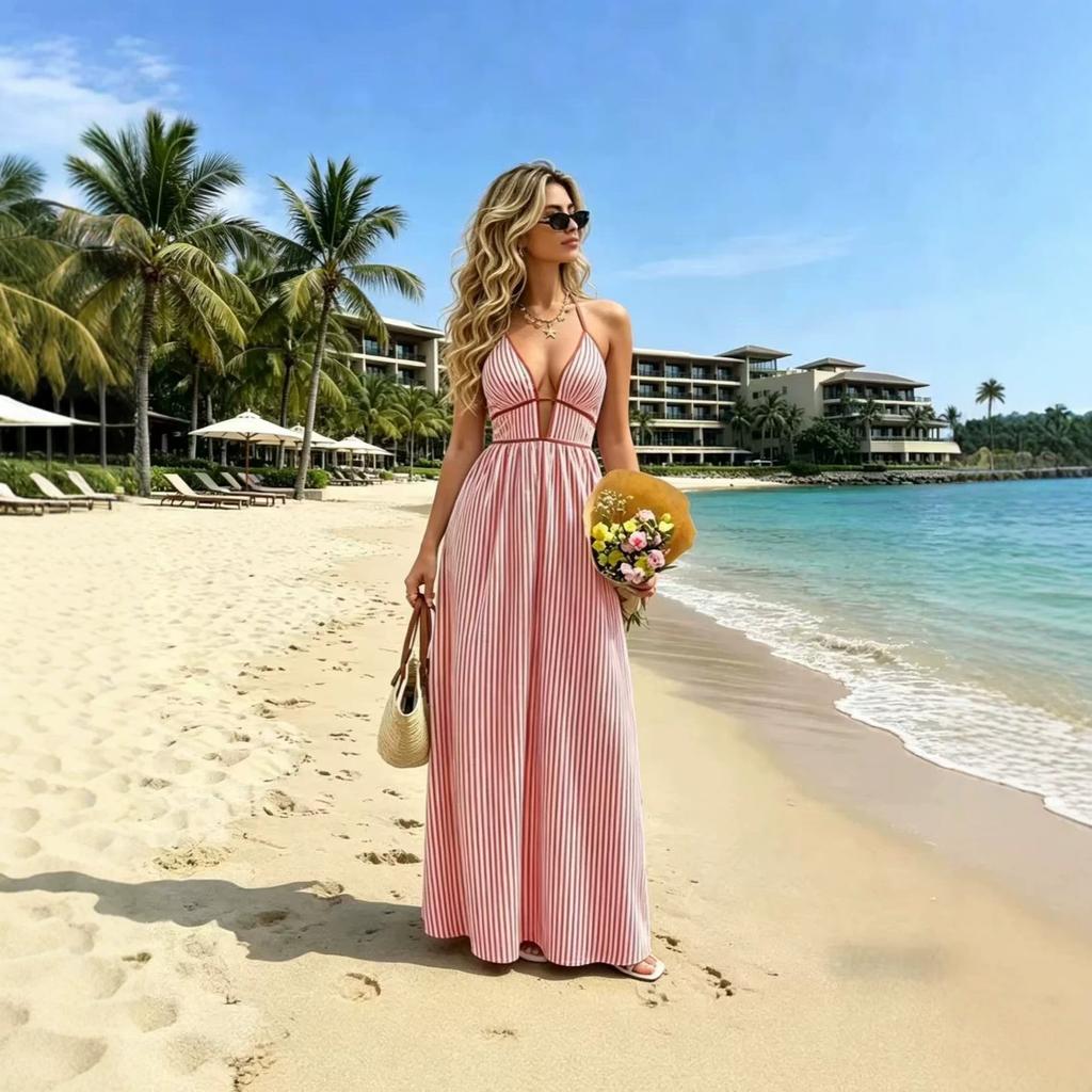 European and American summer new deep V-neck striped holiday dress hot-selling sleeveless dress