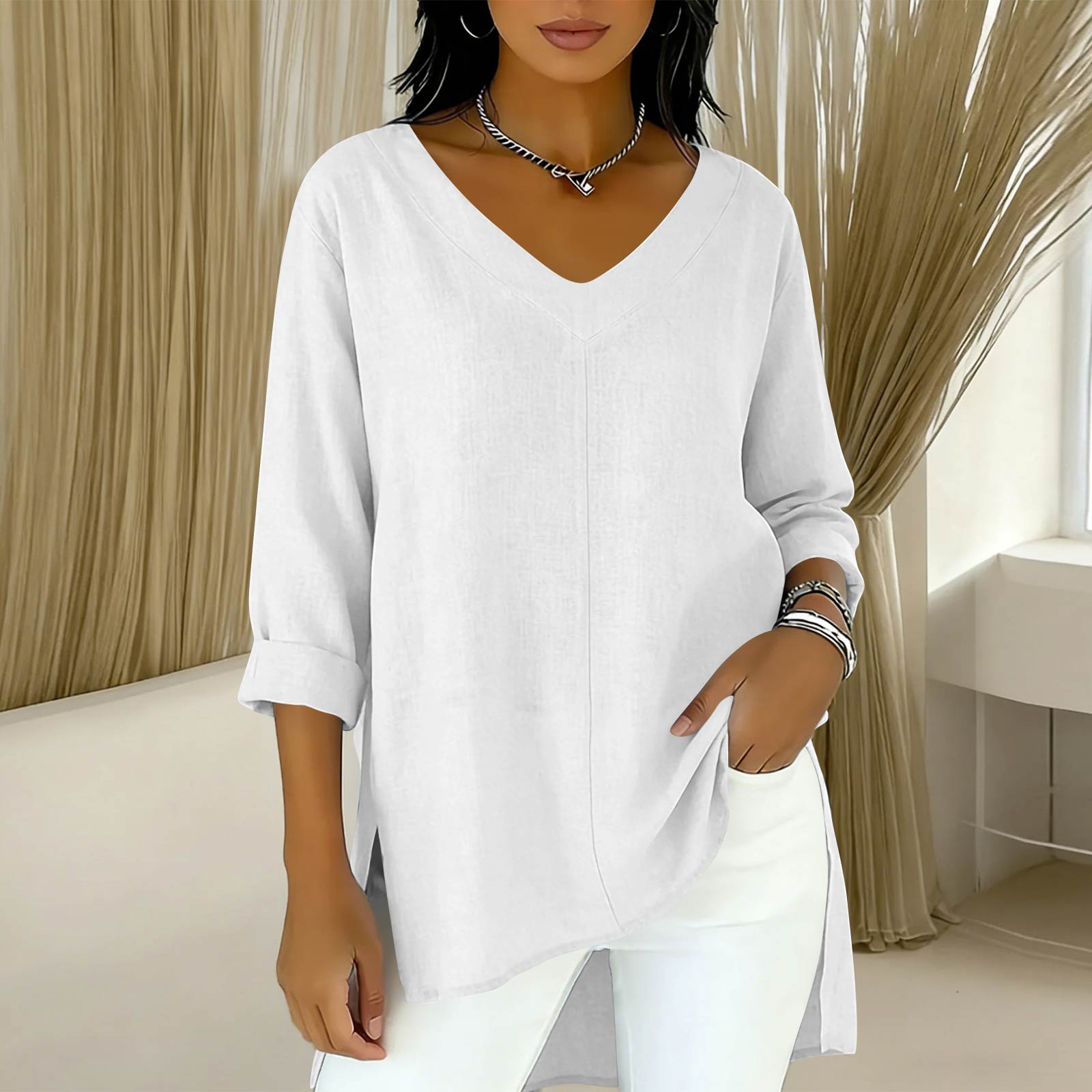 

Women s Casual Loose Fit Artistic V-Neck Three Quarter Sleeve T-Shirt Top XL білий