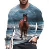Essential 3D horse print long sleeve T-shirt, casual men's stylish top.