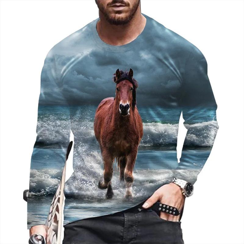Essential 3D horse print long sleeve T-shirt, casual men's stylish top.