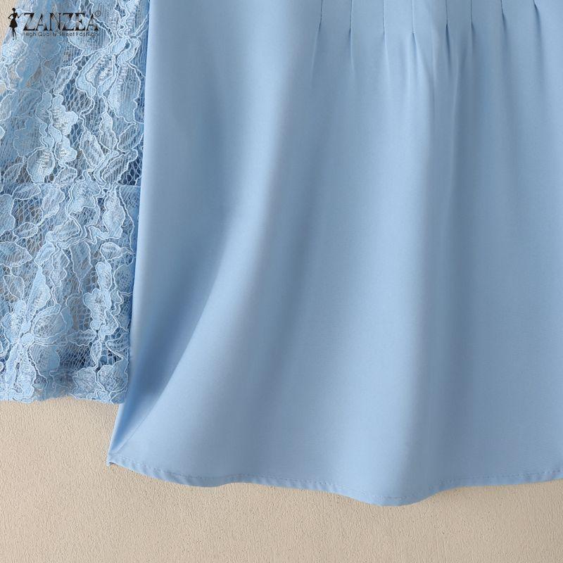 ZANZEA Women Casual Round Neck Loose Lace Splice 3/4 Sleeve Blouse