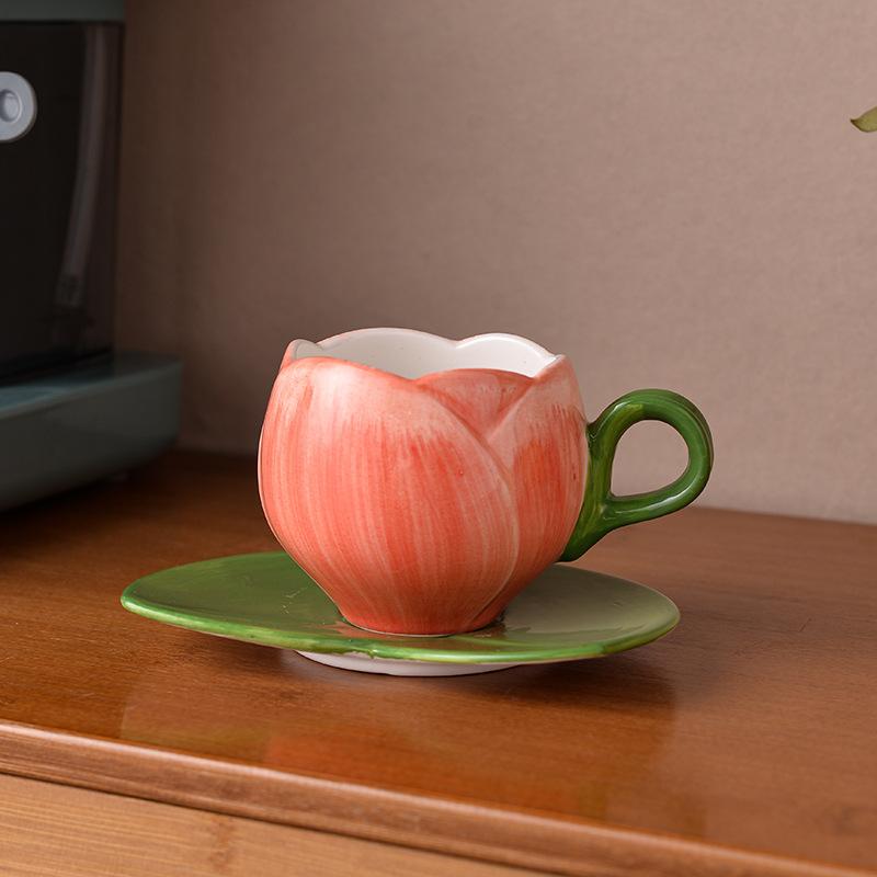 300ML European Ceramic Flower Coffee Cup Saucer Creative Tulip Mug Exquisite Afternoon Tea Flower Tea Cup Home Breakfast Mug New