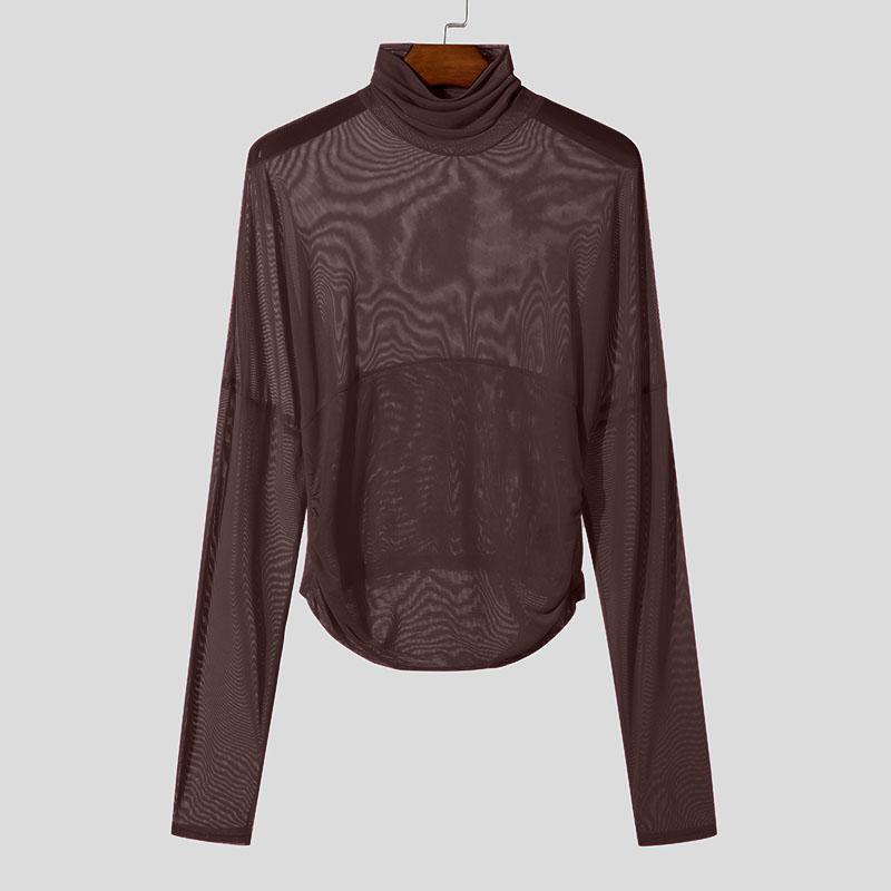 INCERUN Men High Neck Long Sleeve Ruffled See Through Tops Club Party Mesh Irregular T-Shirts
