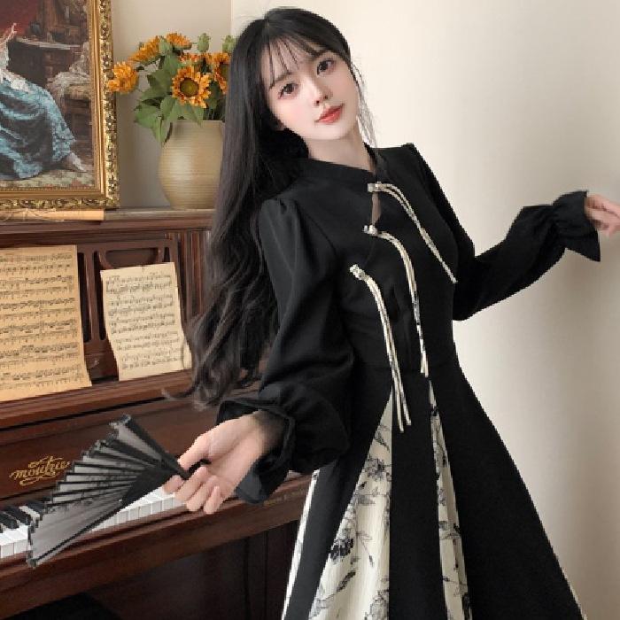 

QICED Ретро-стиль Улучшенная длинная юбка-чеонгсам Детское осеннее платье с принтом и длинными рукавами Весна L чёрный