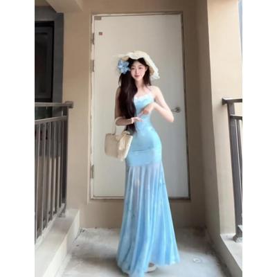 Seaside Vacation Wind Blue Lace Splicing Floral Suspender Dress Gentle Temperament Waist Hip Fish Tail Skirt Summer