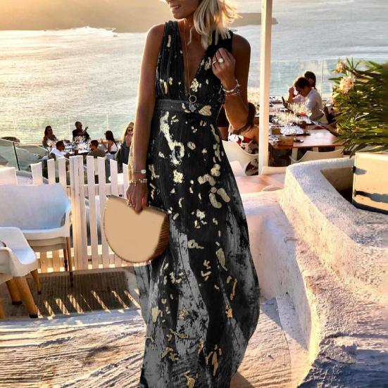 Deep V Neck Sleeveless Waist Tight Flowy Hem Sexy Dress Women Bronzing