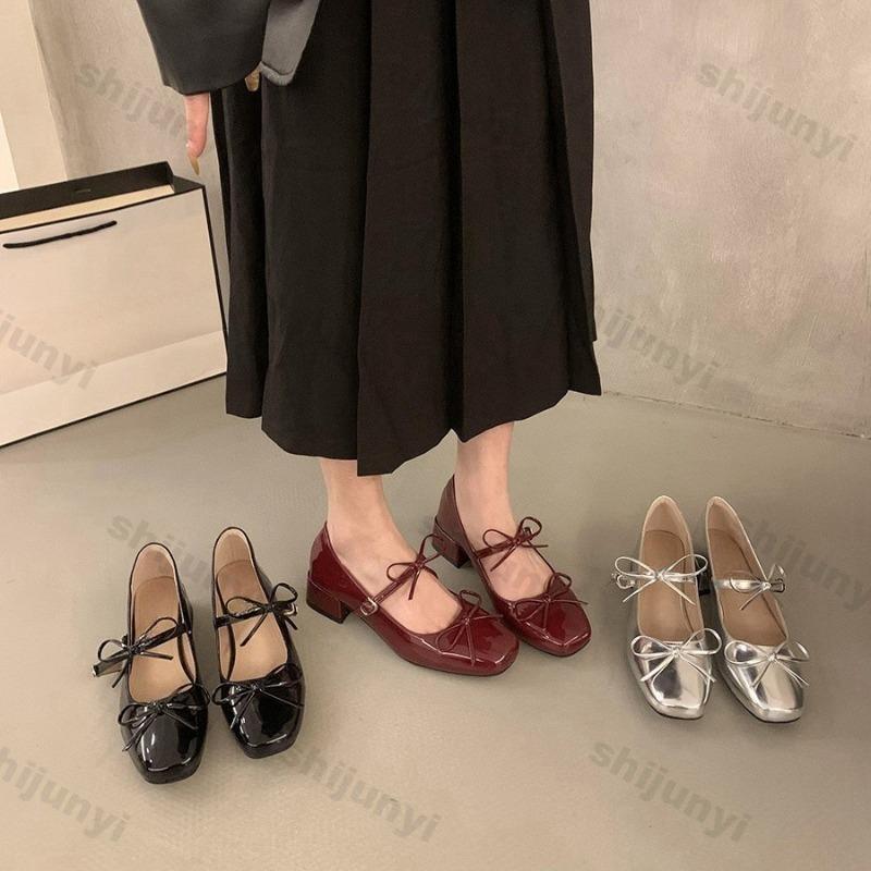 Mode Damen Ballett Mary Jane Schuhe 2025 Sommer Damen Retro Quadratische Zehenpartie Schleife Hohe Absätze Bequeme Lederkleidschuhe Damen Freizeitschuh
