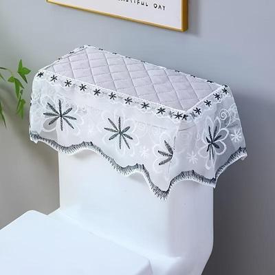 Cubierta para Tanque de Inodoro Tela de Cobertura Total con Elegante Diseño de Encaje, Cubierta Horrible para Accesorio de Baño Patrón Acolchado Blanco con Bordado Floral Negro