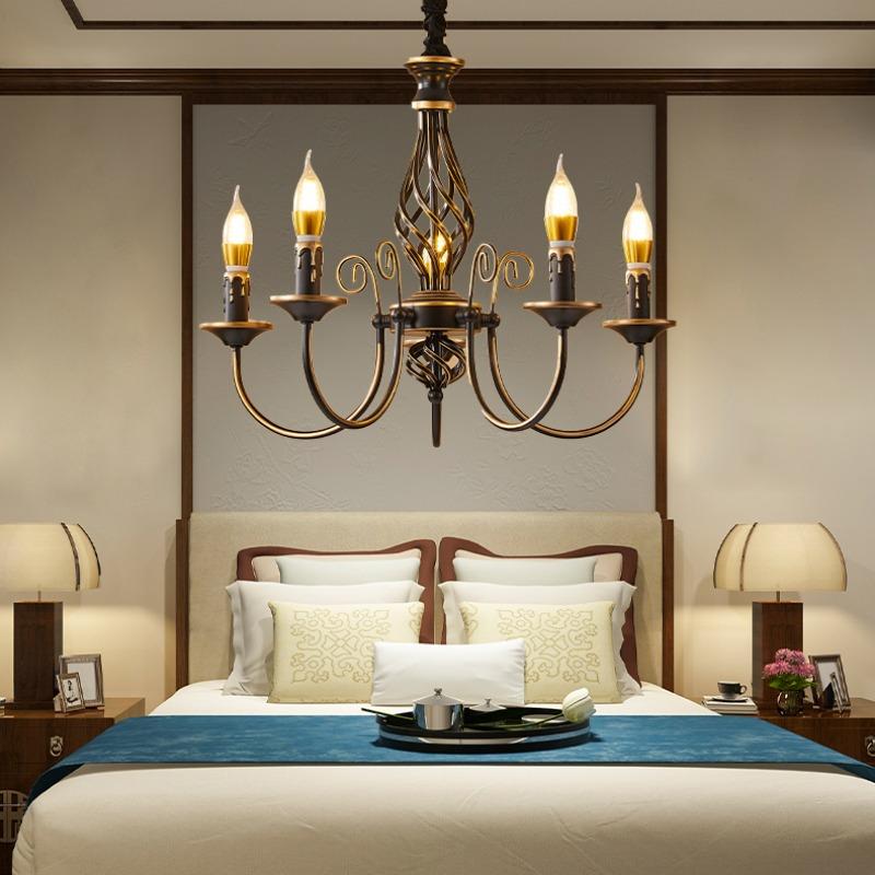 Rural Retro Chandelier Candle Living Room Dining Room Lamp Bedroom Lamp Antique Iron Pendant Lamp