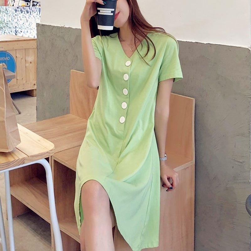 Summer new V-neck button short-sleeve dress, solid color, versatile elegant A-line skirt, slimming mid-length skirt