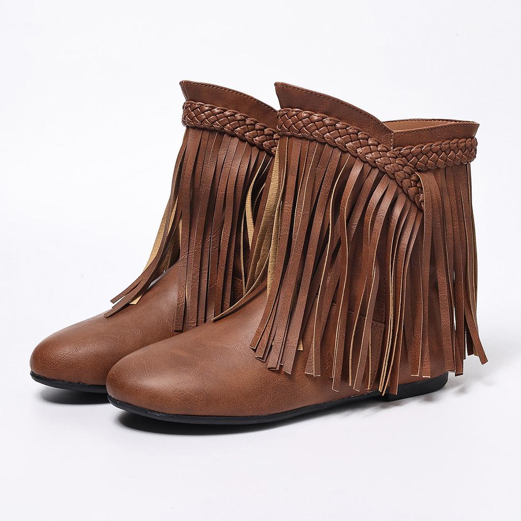 Coarse Heel Short Boots Western Boots Fringed Boots Braid Large Size Women'S Shoes Fashion Boots Bohemian Round Head Knight Boots