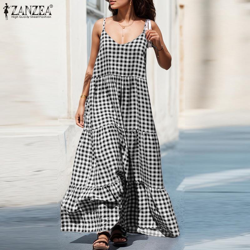 

ZANZEA Женское повседневное летнее платье-комбинация без рукавов с принтом в клетку на бретелях S чёрный