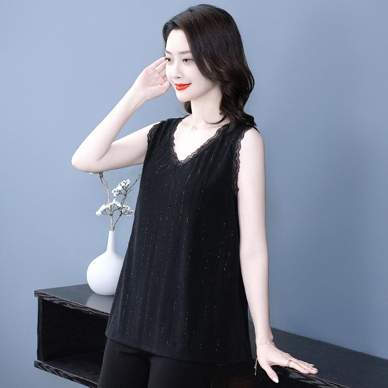 

Корейская кружевная майка большого размера с яркими бриллиантовыми акцентами - Универсальная повседневная одежда для женщин XL (Recommended 60-70 kg)