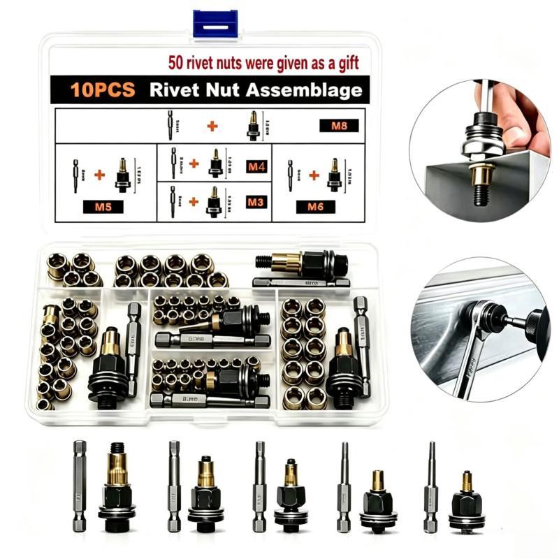 60Pcs Head Rivet Nut Tool M3 M4 M5 M6 M8 Rivnut Kit Carbon Steel Rivnut Set Threaded Rivet Nut Kit Manual Riveter Rivnuts Tool