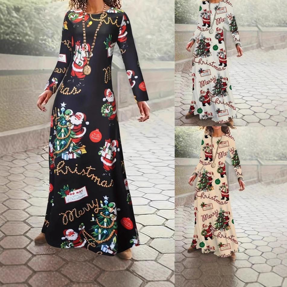 LYRIA Christmas Theme Long Sleeve round Neck Dress Elegant Commute Style Polyester Fabric Printed Pattern Color Block Autumn Winter