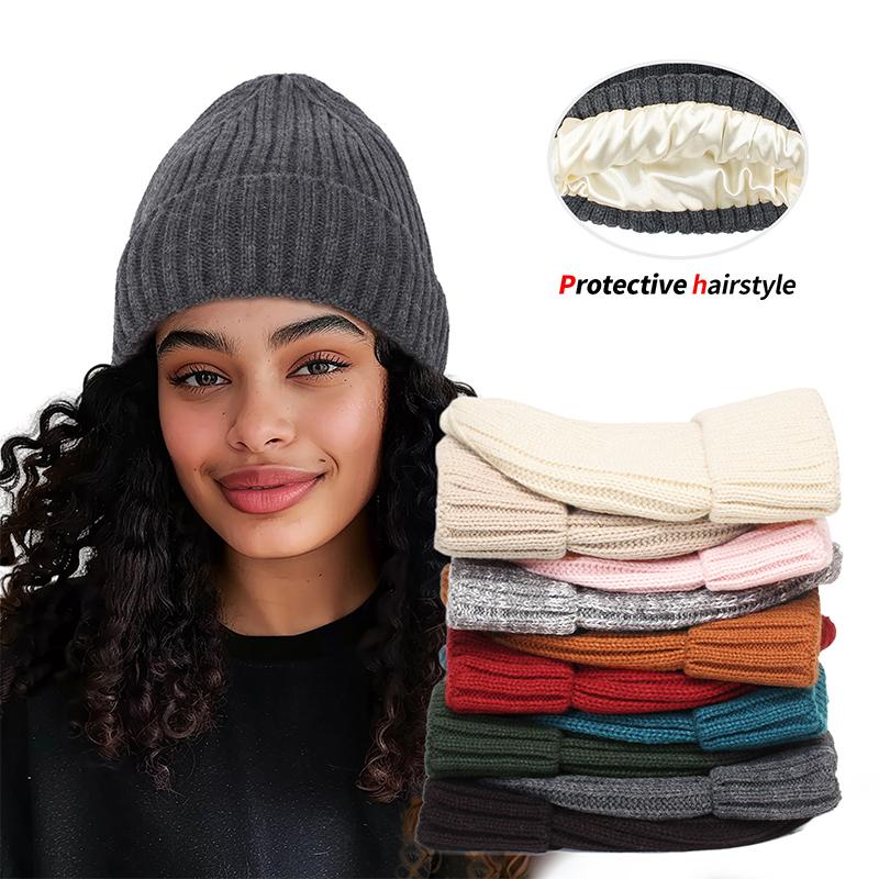 Winter Silk Satin Lined Beanie Hats Women Men Unisex Thick Chunky Cap Striped Warm Soft High Quality Cashmere Knitted Beanie Hat
