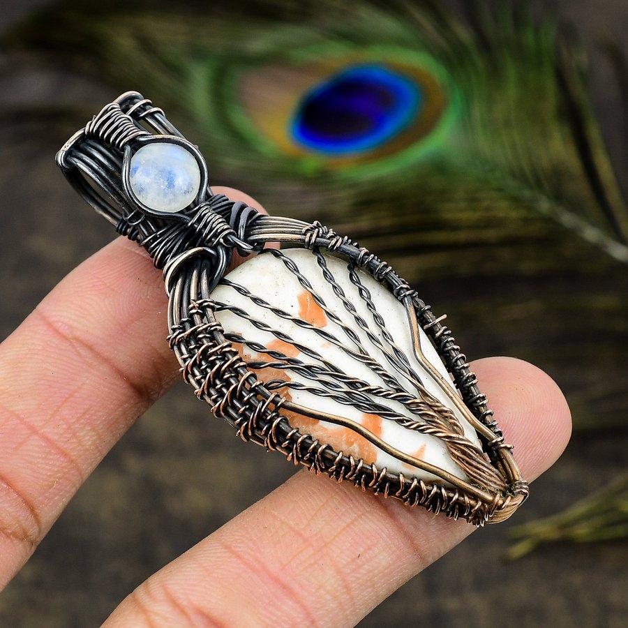 Orange Scolecite, Moonstone Gemstone Copper Wire Wrap Jewelry Pendant 3.35"
