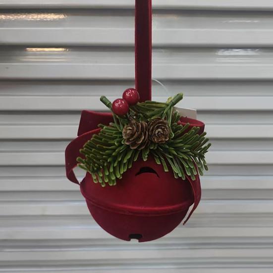 Christmas Red Bell Ornament Plastic Velvet Flocked Bell Ball Tree Ornament for Holiday Window Shop Home Decoration